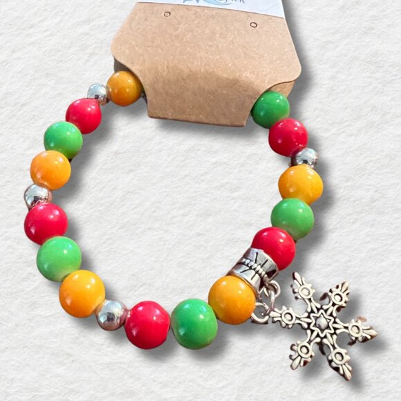 Red, Green and Yellow Stretchy Bracelet with Silver Snowflake Charm - Picture 1 of 2